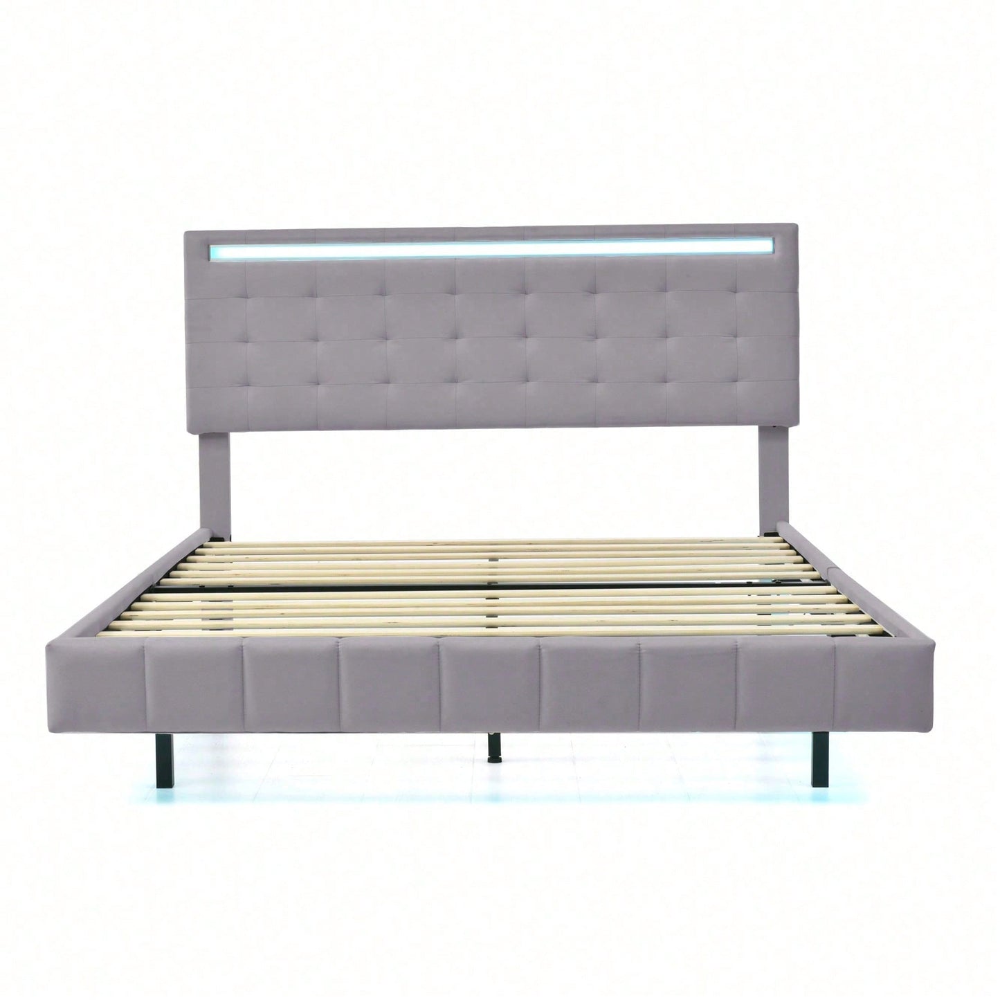Polsterbett 140 x 200 cm, gepolsterter Schwebebettrahmen mit LED-Leuchten und Kopfteildesign,(Matratze nicht enthaltet)  flächiges Doppelbett-Gästebett in hautfreundlichem Leinen Beige