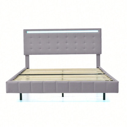 Polsterbett 140 x 200 cm, gepolsterter Schwebebettrahmen mit LED-Leuchten und Kopfteildesign,(Matratze nicht enthaltet)  flächiges Doppelbett-Gästebett in hautfreundlichem Leinen Beige