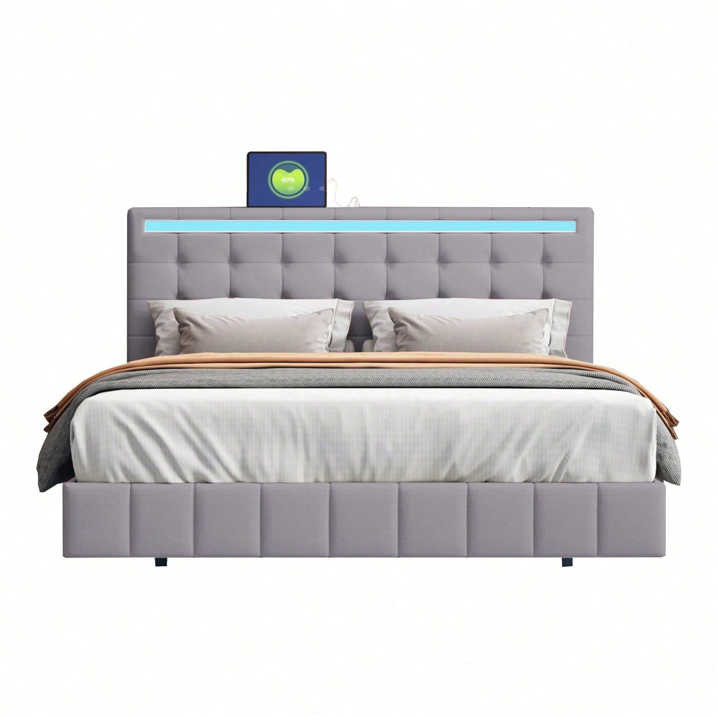 Polsterbett 140 x 200 cm, gepolsterter Schwebebettrahmen mit LED-Leuchten und Kopfteildesign,(Matratze nicht enthaltet)  flächiges Doppelbett-Gästebett in hautfreundlichem Leinen Beige