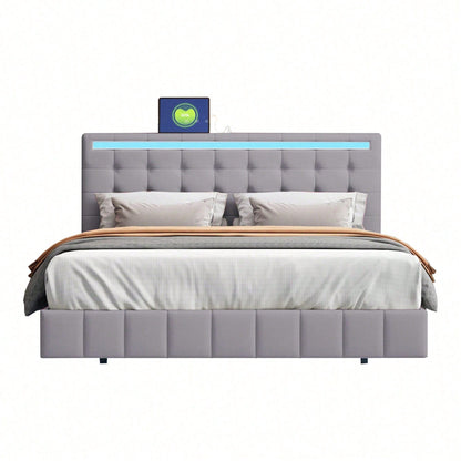 Polsterbett 140 x 200 cm, gepolsterter Schwebebettrahmen mit LED-Leuchten und Kopfteildesign,(Matratze nicht enthaltet)  flächiges Doppelbett-Gästebett in hautfreundlichem Leinen Beige