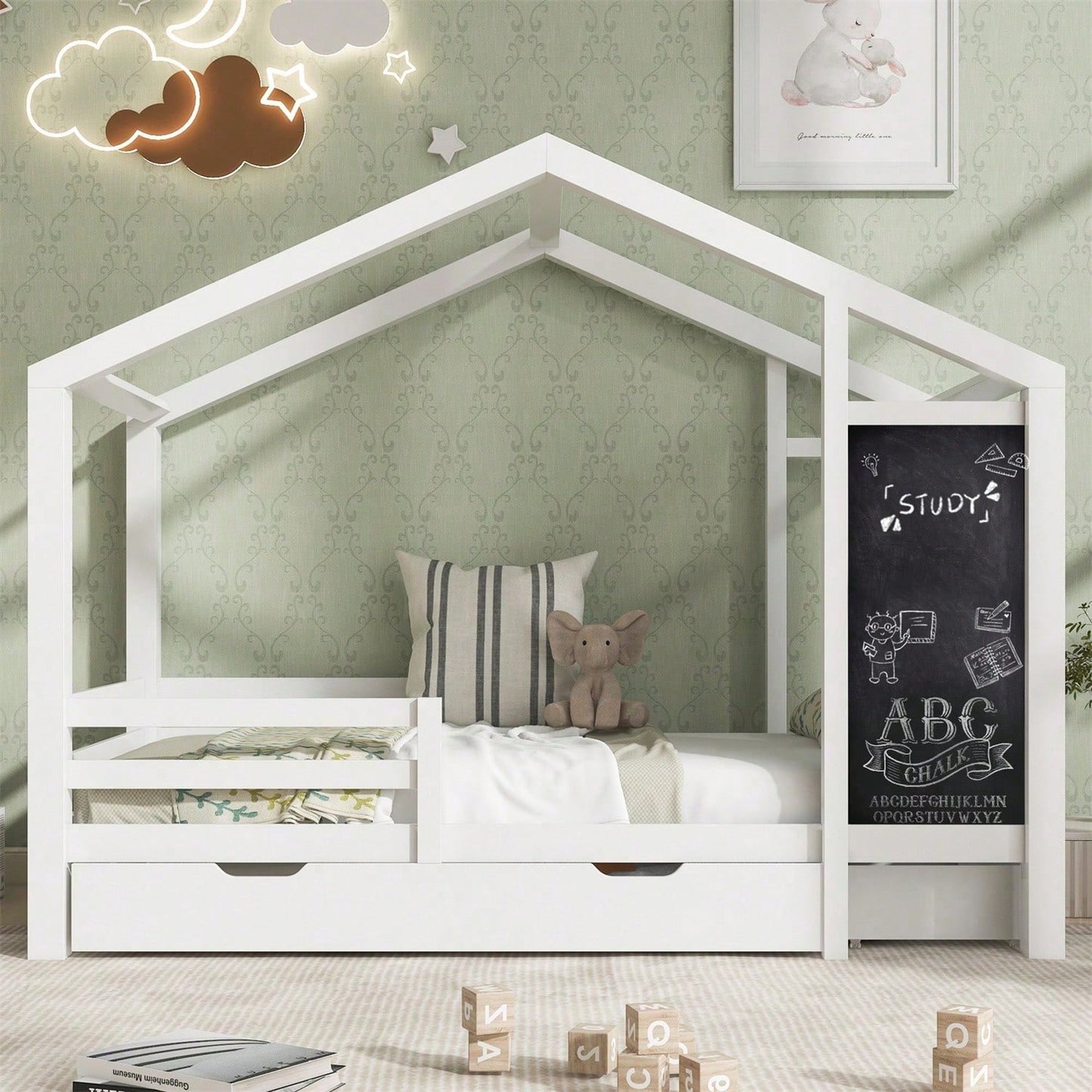 Kinderbett Hausbett 90 x 200 cm, Holzbett mit Tafel und 2 Schubladen, Massivholz mit Zaun und Lattenrost, Weiß