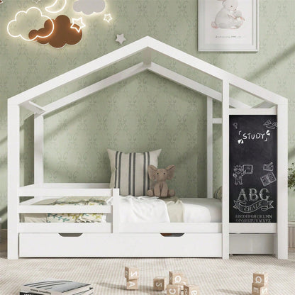 Kinderbett Hausbett 90 x 200 cm, Holzbett mit Tafel und 2 Schubladen, Massivholz mit Zaun und Lattenrost, Weiß