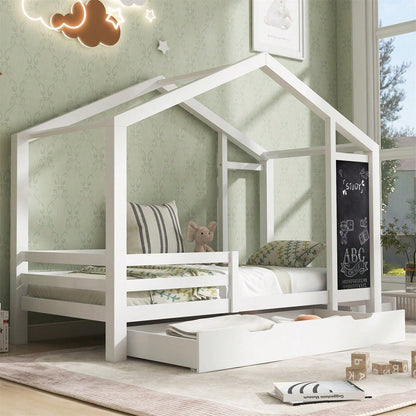Kinderbett Hausbett 90 x 200 cm, Holzbett mit Tafel und 2 Schubladen, Massivholz mit Zaun und Lattenrost, Weiß