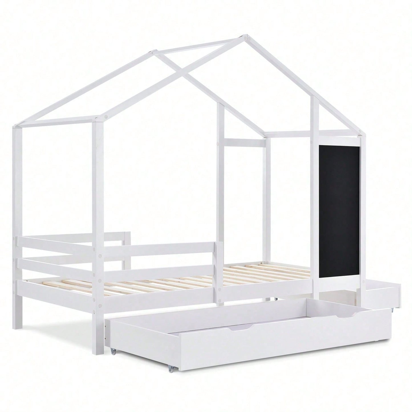 Kinderbett Hausbett 90 x 200 cm, Holzbett mit Tafel und 2 Schubladen, Massivholz mit Zaun und Lattenrost, Weiß