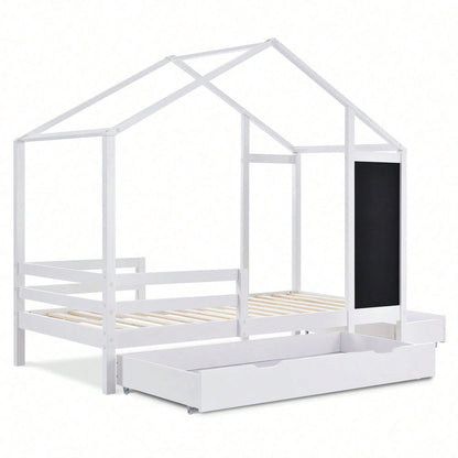 Kinderbett Hausbett 90 x 200 cm, Holzbett mit Tafel und 2 Schubladen, Massivholz mit Zaun und Lattenrost, Weiß