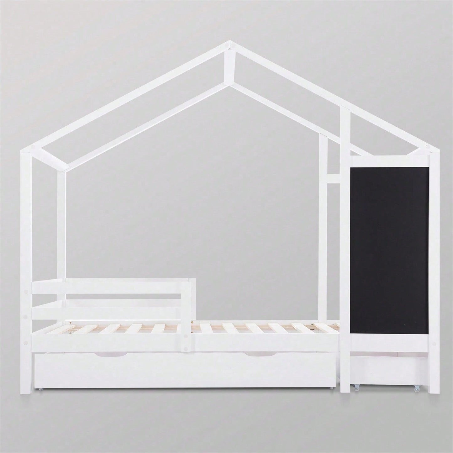Kinderbett Hausbett 90 x 200 cm, Holzbett mit Tafel und 2 Schubladen, Massivholz mit Zaun und Lattenrost, Weiß