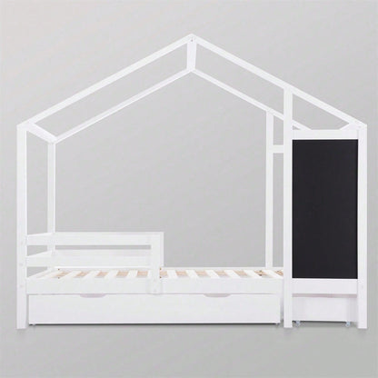 Kinderbett Hausbett 90 x 200 cm, Holzbett mit Tafel und 2 Schubladen, Massivholz mit Zaun und Lattenrost, Weiß