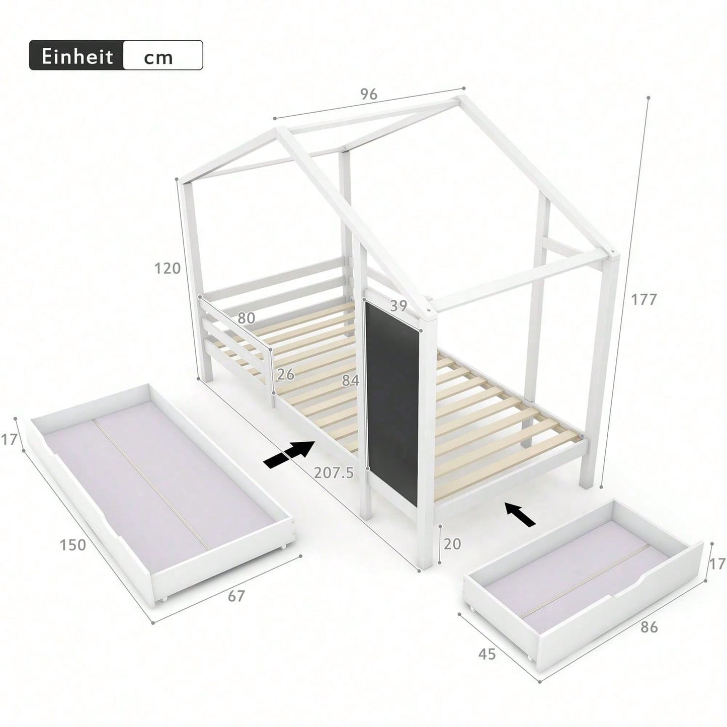 Kinderbett Hausbett 90 x 200 cm, Holzbett mit Tafel und 2 Schubladen, Massivholz mit Zaun und Lattenrost, Weiß