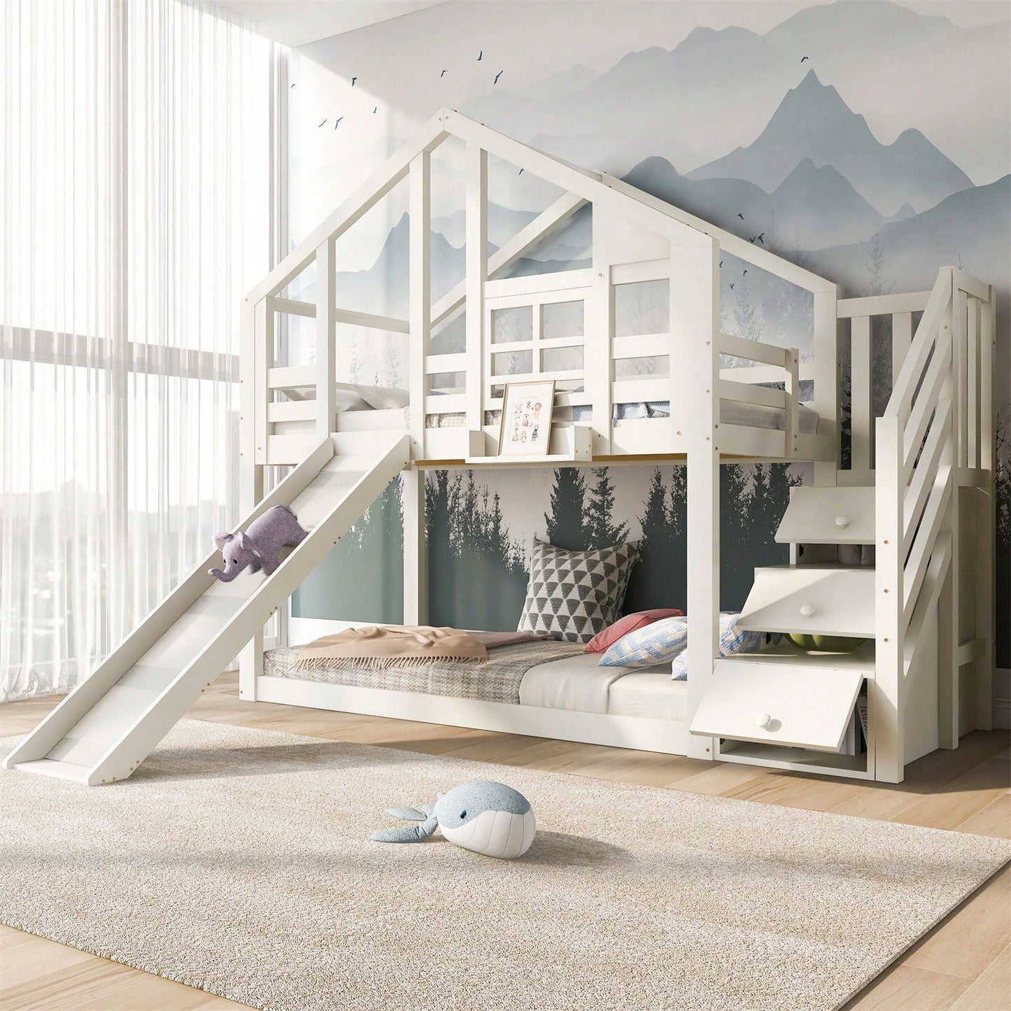 Kinderbett Baumhaus 90 x 200 cm, Etagenbett für Kinder in Fensterbauweise mit Rutsche und Rausfallschutz, Weiß, inkl.Tafel– 2x Lattenrost
