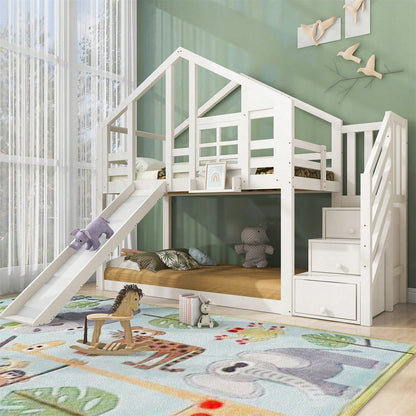 Kinderbett Baumhaus 90 x 200 cm, Etagenbett für Kinder in Fensterbauweise mit Rutsche und Rausfallschutz, Weiß, inkl.Tafel– 2x Lattenrost