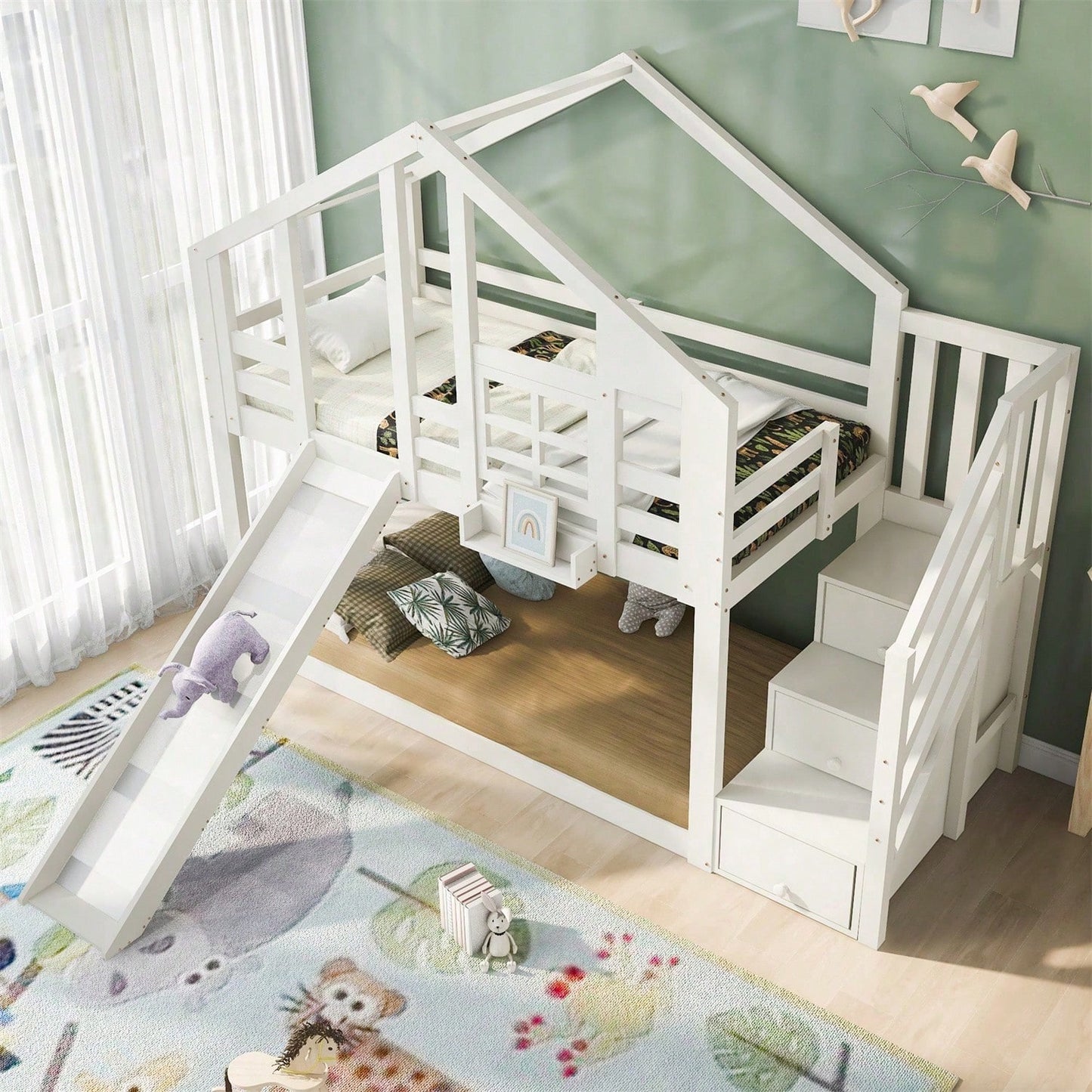 Kinderbett Baumhaus 90 x 200 cm, Etagenbett für Kinder in Fensterbauweise mit Rutsche und Rausfallschutz, Weiß, inkl.Tafel– 2x Lattenrost