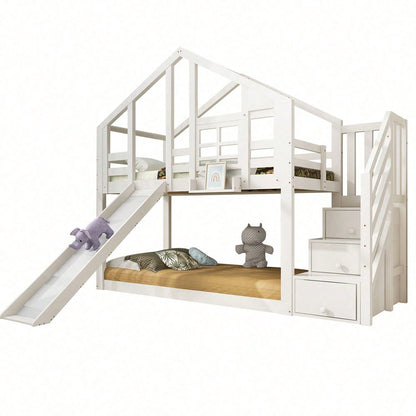 Kinderbett Baumhaus 90 x 200 cm, Etagenbett für Kinder in Fensterbauweise mit Rutsche und Rausfallschutz, Weiß, inkl.Tafel– 2x Lattenrost