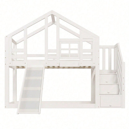 Kinderbett Baumhaus 90 x 200 cm, Etagenbett für Kinder in Fensterbauweise mit Rutsche und Rausfallschutz, Weiß, inkl.Tafel– 2x Lattenrost