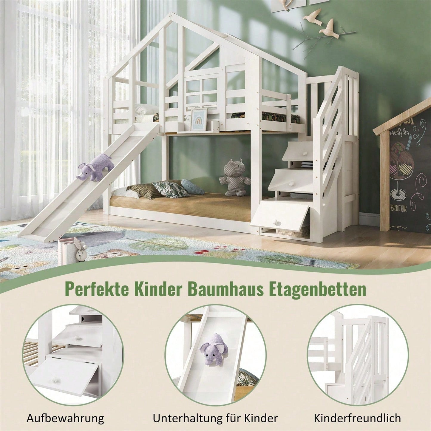 Kinderbett Baumhaus 90 x 200 cm, Etagenbett für Kinder in Fensterbauweise mit Rutsche und Rausfallschutz, Weiß, inkl.Tafel– 2x Lattenrost
