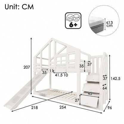 Kinderbett Baumhaus 90 x 200 cm, Etagenbett für Kinder in Fensterbauweise mit Rutsche und Rausfallschutz, Weiß, inkl.Tafel– 2x Lattenrost