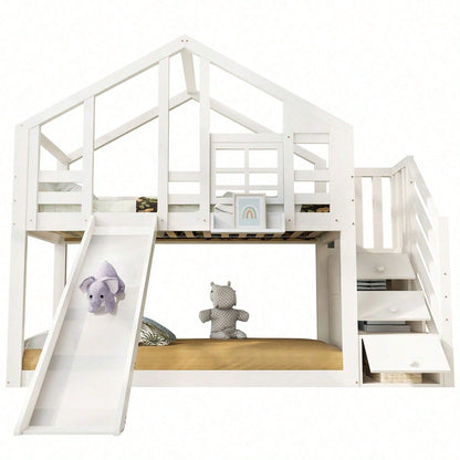 Kinderbett Baumhaus 90 x 200 cm, Etagenbett für Kinder in Fensterbauweise mit Rutsche und Rausfallschutz, Weiß, inkl.Tafel– 2x Lattenrost