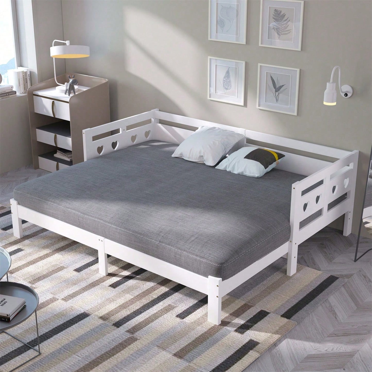 Daybett Tagesbett ,Ausziehbar Bett,90*200cm,Kiefer massiv, mit 2. Schlafgelegenheit und Rollrost Herzform Bett Weiß