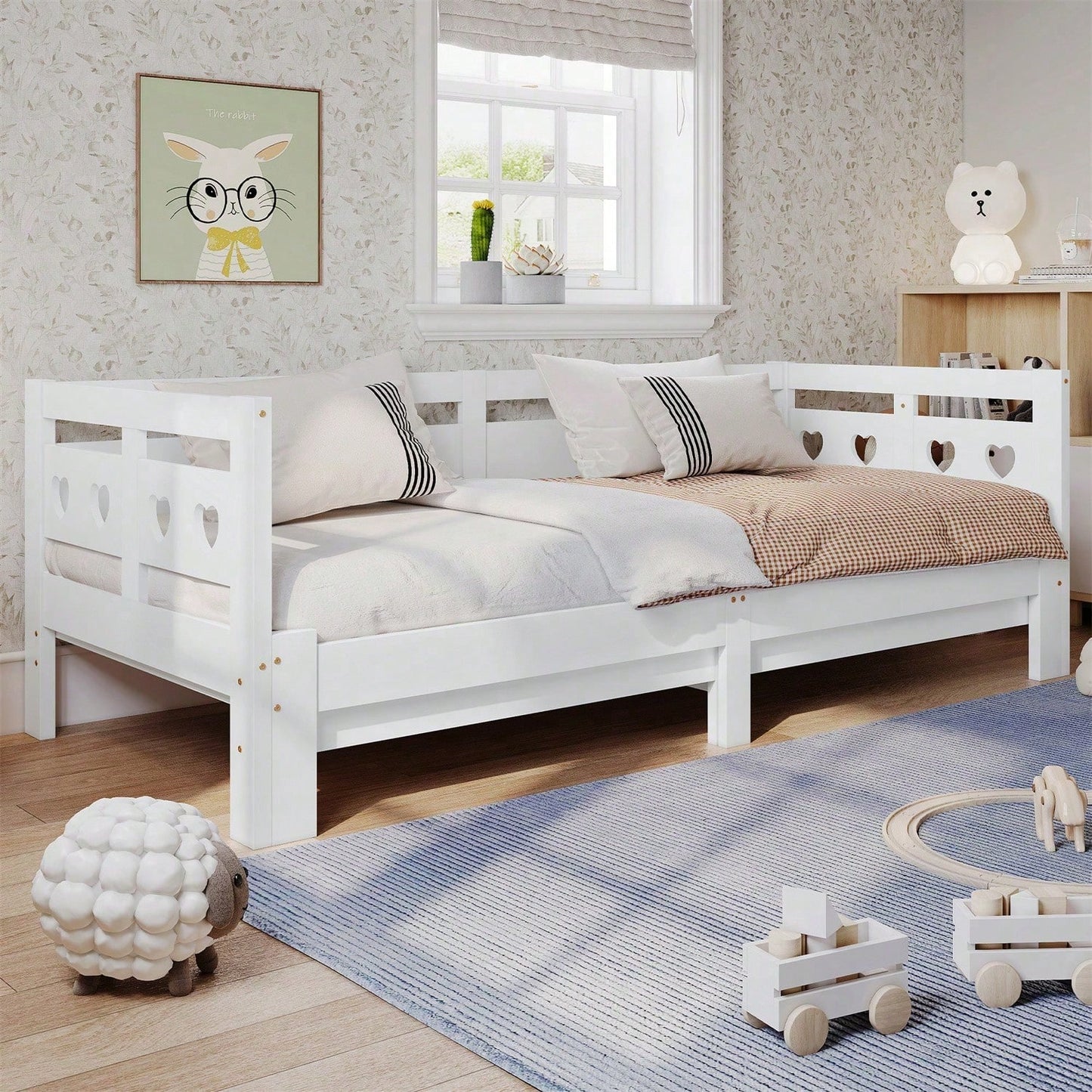 Daybett Tagesbett ,Ausziehbar Bett,90*200cm,Kiefer massiv, mit 2. Schlafgelegenheit und Rollrost Herzform Bett Weiß