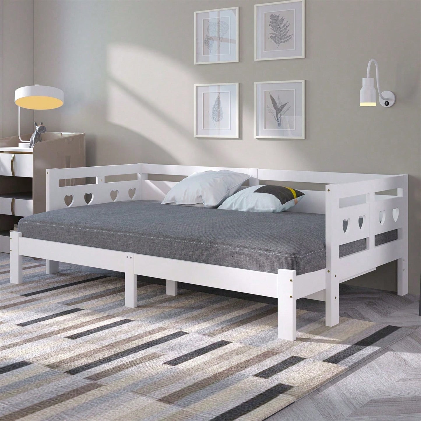 Daybett Tagesbett ,Ausziehbar Bett,90*200cm,Kiefer massiv, mit 2. Schlafgelegenheit und Rollrost Herzform Bett Weiß