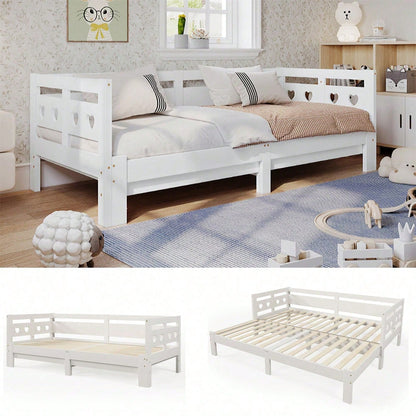 Daybett Tagesbett ,Ausziehbar Bett,90*200cm,Kiefer massiv, mit 2. Schlafgelegenheit und Rollrost Herzform Bett Weiß