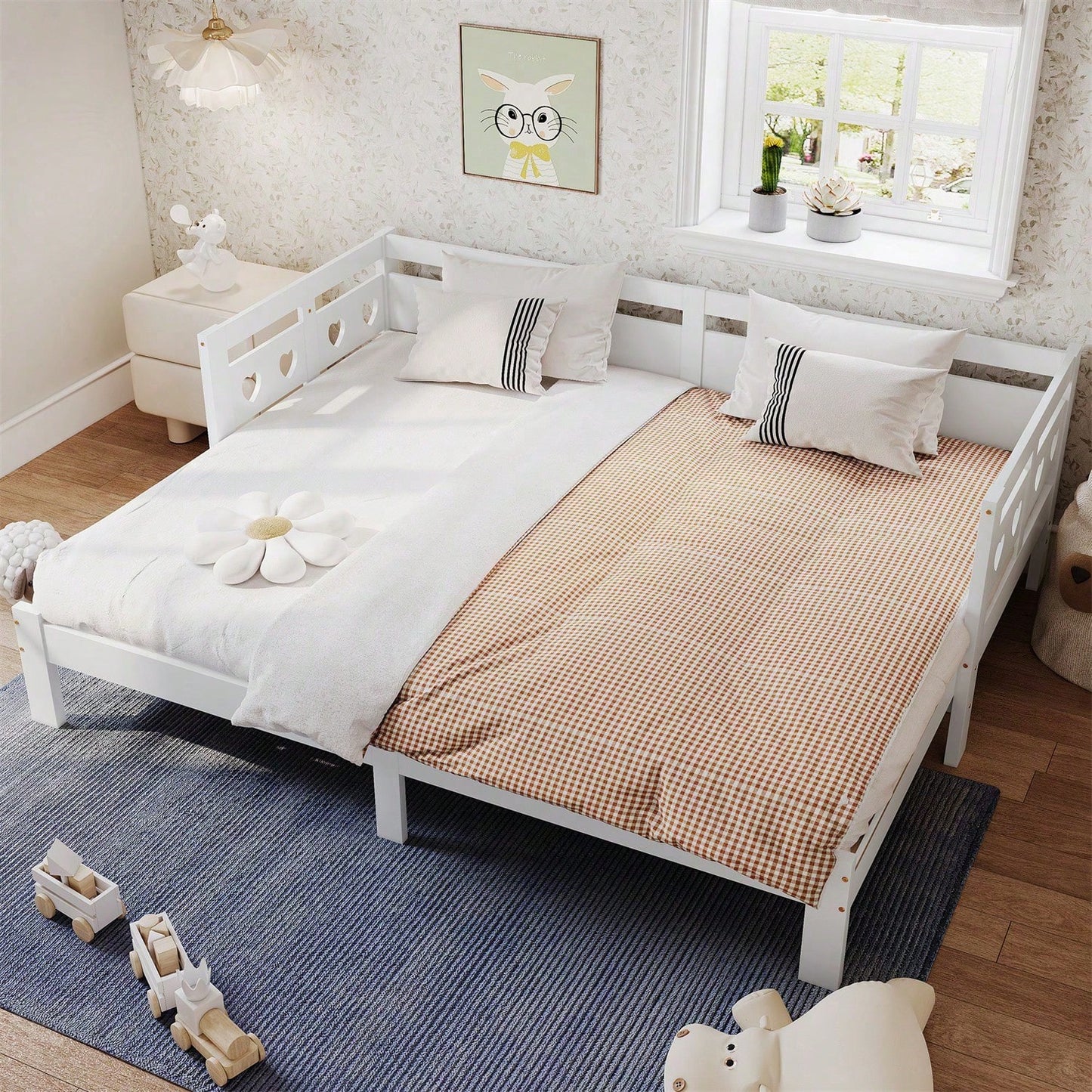 Daybett Tagesbett ,Ausziehbar Bett,90*200cm,Kiefer massiv, mit 2. Schlafgelegenheit und Rollrost Herzform Bett Weiß