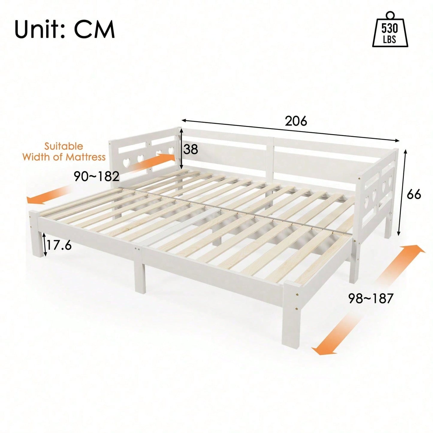 Daybett Tagesbett ,Ausziehbar Bett,90*200cm,Kiefer massiv, mit 2. Schlafgelegenheit und Rollrost Herzform Bett Weiß