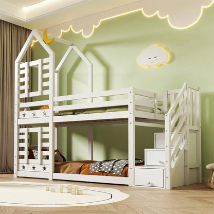 Kinderbett, Etagenbett Baumhaus mit Schubladen und Rausfallschutz 90 x 200 cm, Hochbett für Kinder– 2x Lattenrost- Weiß