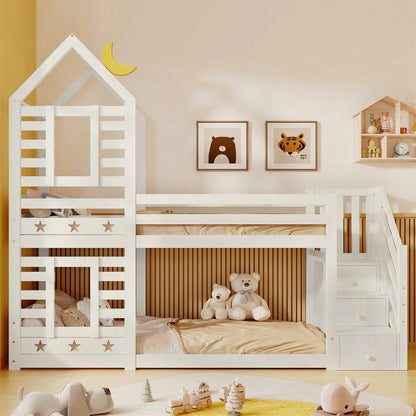 Kinderbett, Etagenbett Baumhaus mit Schubladen und Rausfallschutz 90 x 200 cm, Hochbett für Kinder– 2x Lattenrost- Weiß