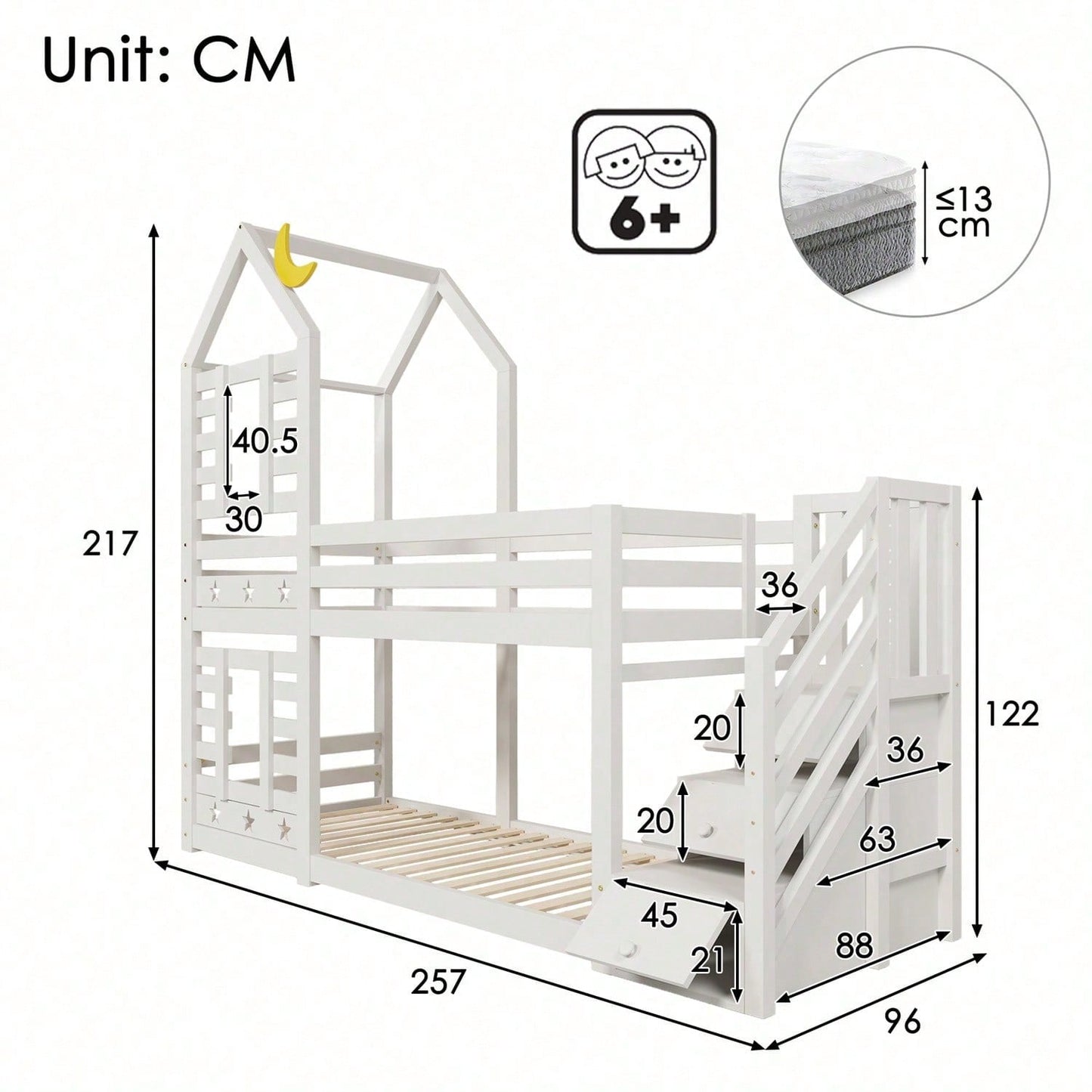 Kinderbett, Etagenbett Baumhaus mit Schubladen und Rausfallschutz 90 x 200 cm, Hochbett für Kinder– 2x Lattenrost- Weiß