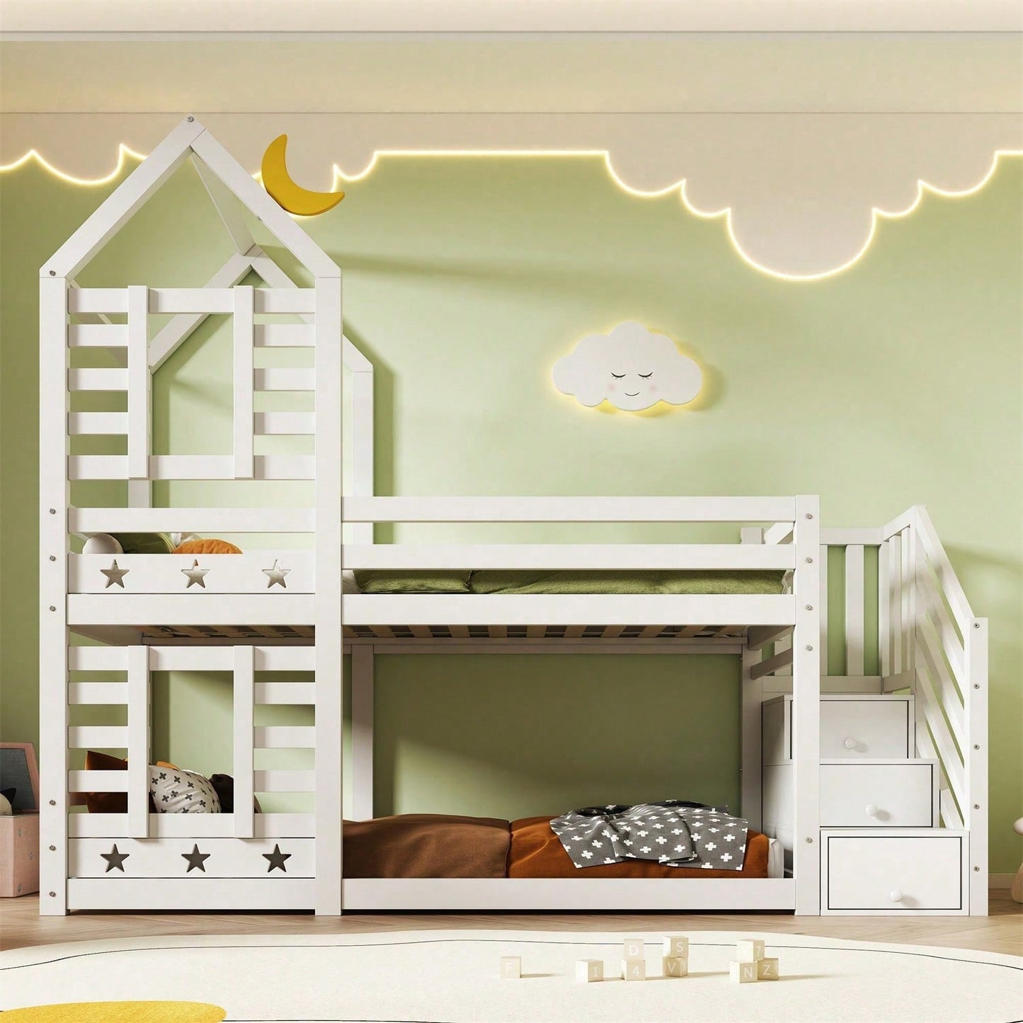 Kinderbett, Etagenbett Baumhaus mit Schubladen und Rausfallschutz 90 x 200 cm, Hochbett für Kinder– 2x Lattenrost- Weiß