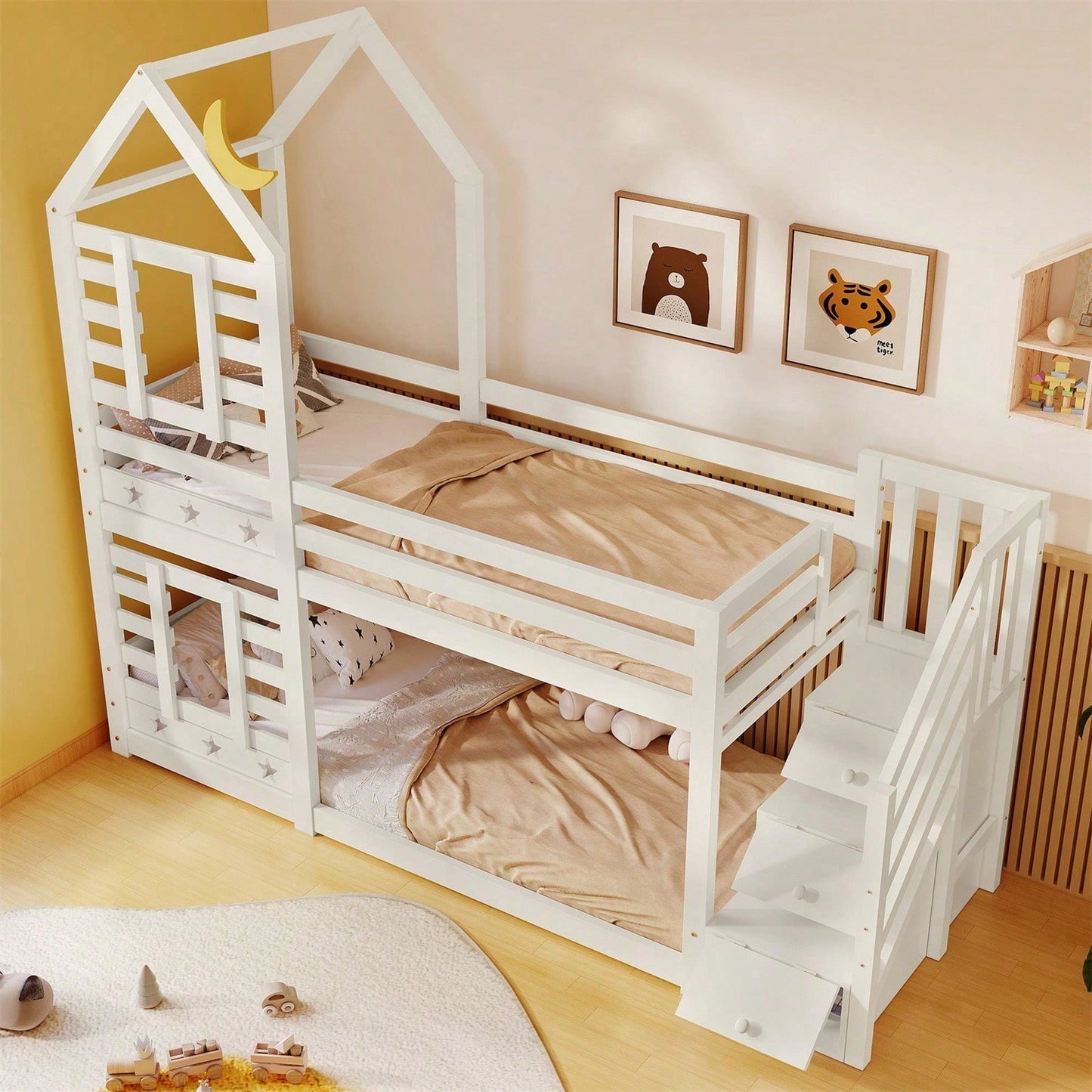 Kinderbett, Etagenbett Baumhaus mit Schubladen und Rausfallschutz 90 x 200 cm, Hochbett für Kinder– 2x Lattenrost- Weiß