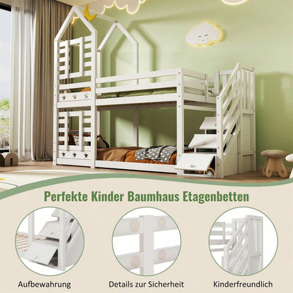 Kinderbett, Etagenbett Baumhaus mit Schubladen und Rausfallschutz 90 x 200 cm, Hochbett für Kinder– 2x Lattenrost- Weiß