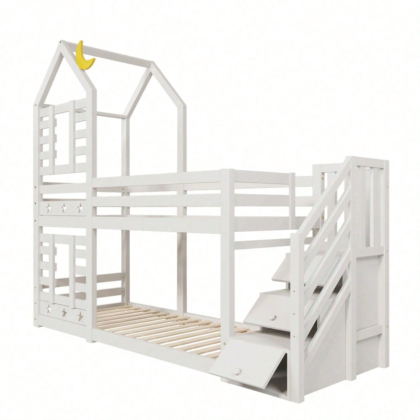 Kinderbett, Etagenbett Baumhaus mit Schubladen und Rausfallschutz 90 x 200 cm, Hochbett für Kinder– 2x Lattenrost- Weiß
