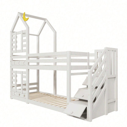 Kinderbett, Etagenbett Baumhaus mit Schubladen und Rausfallschutz 90 x 200 cm, Hochbett für Kinder– 2x Lattenrost- Weiß
