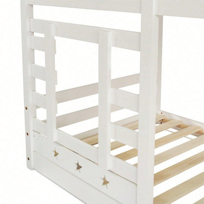 Kinderbett, Etagenbett Baumhaus mit Schubladen und Rausfallschutz 90 x 200 cm, Hochbett für Kinder– 2x Lattenrost- Weiß