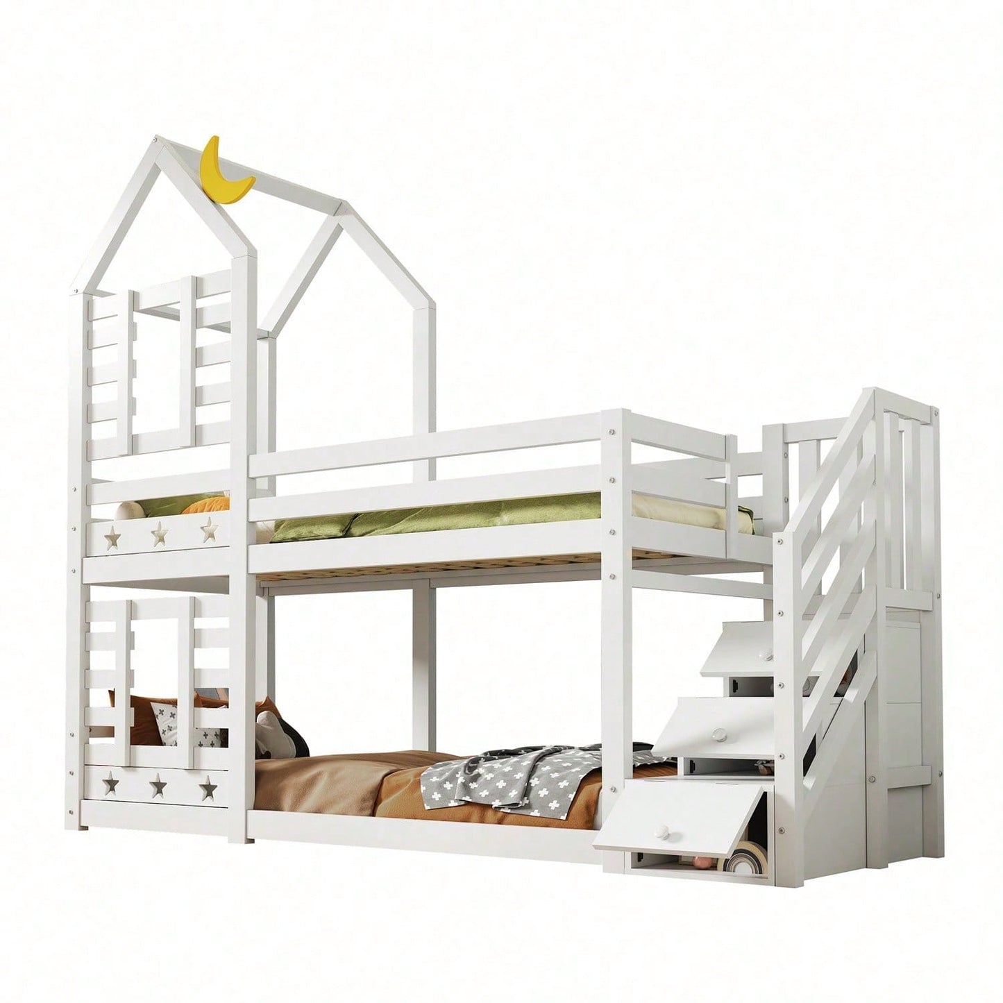 Kinderbett, Etagenbett Baumhaus mit Schubladen und Rausfallschutz 90 x 200 cm, Hochbett für Kinder– 2x Lattenrost- Weiß