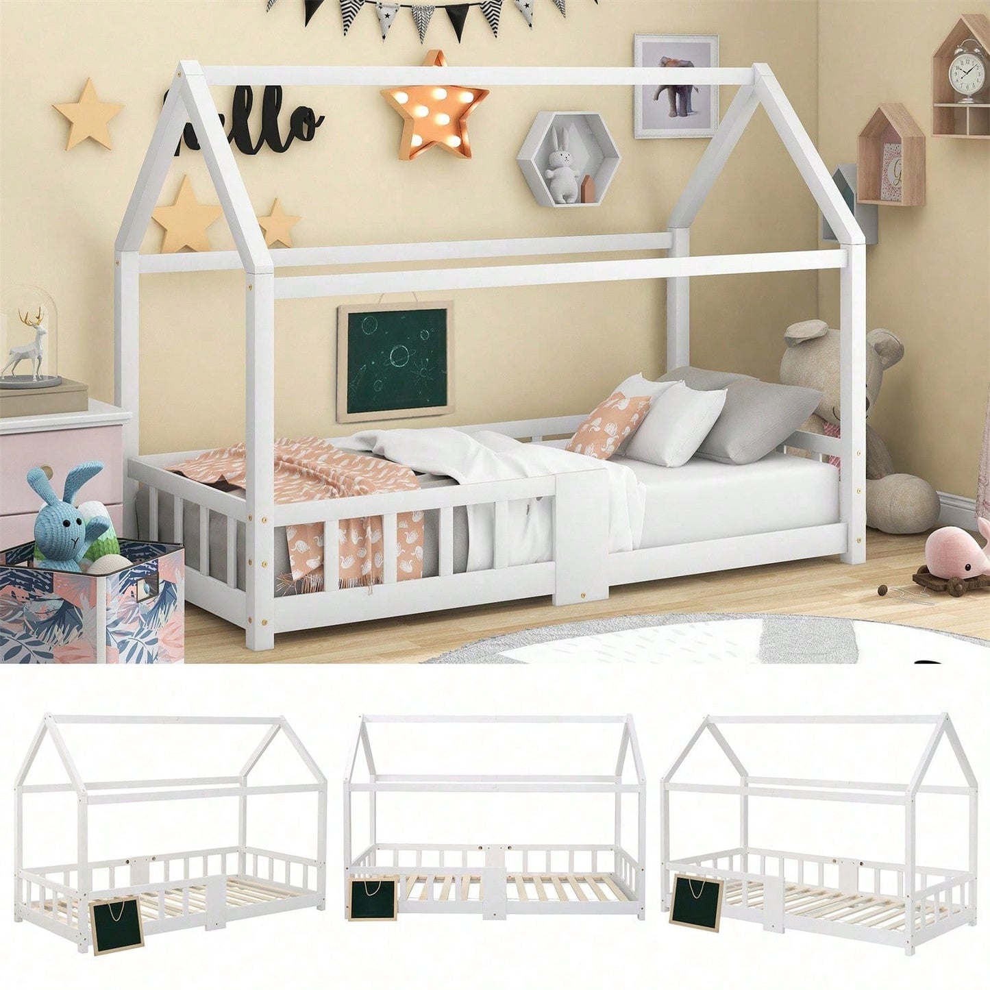 Kinderbett Hausbett 90 x 200 cmHolzbett für Kinderzimmer inkl.Tafel Lattenrosten Rausfallschutz, aus Kiefernholz Grau (ohne Matratze)  Item Code: WF197916AAG First Arrival Date: 2022-05-20 Return Rate: Moderate