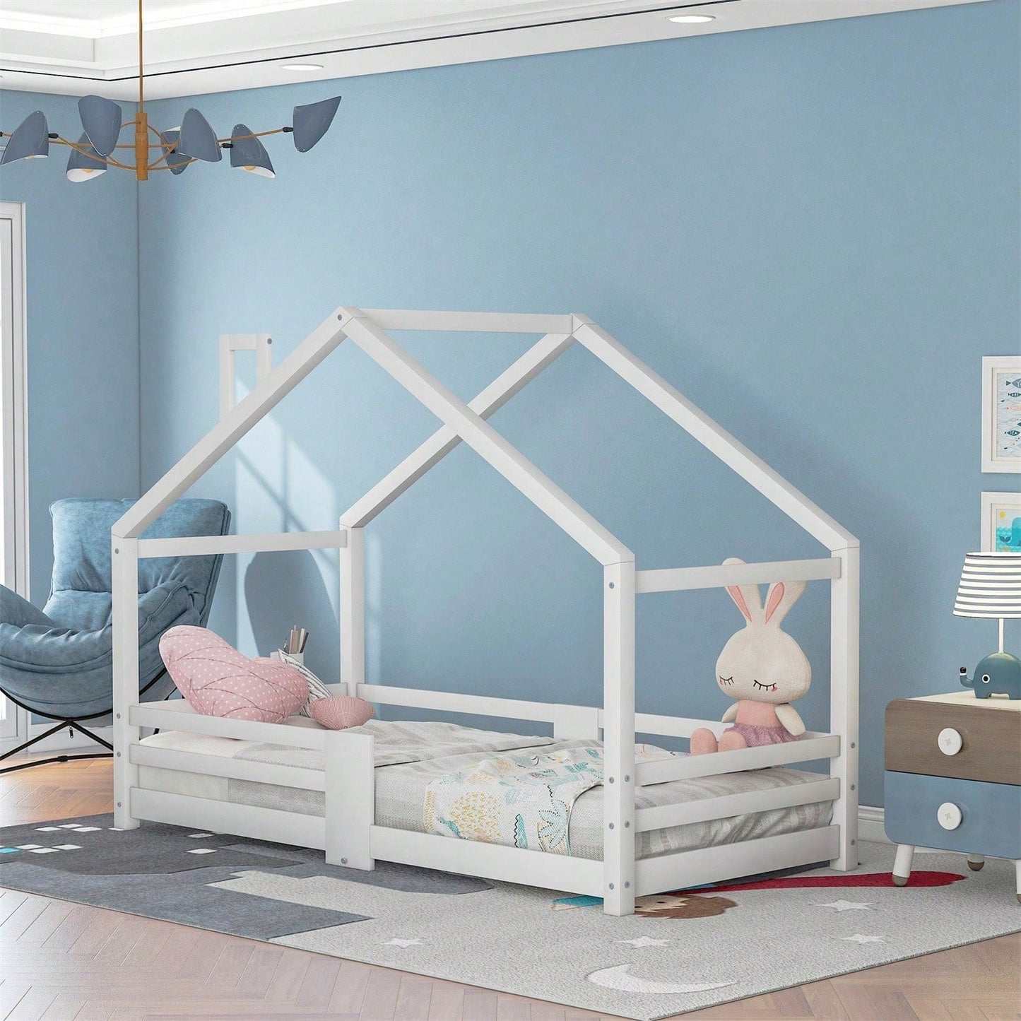 Kinderbett Hausbett mit Schornstein Rausfallschutz Robuste Lattenroste Kiefernholz Haus Bett for Kids, 90 x 200 cm ohne Matratze, Grau