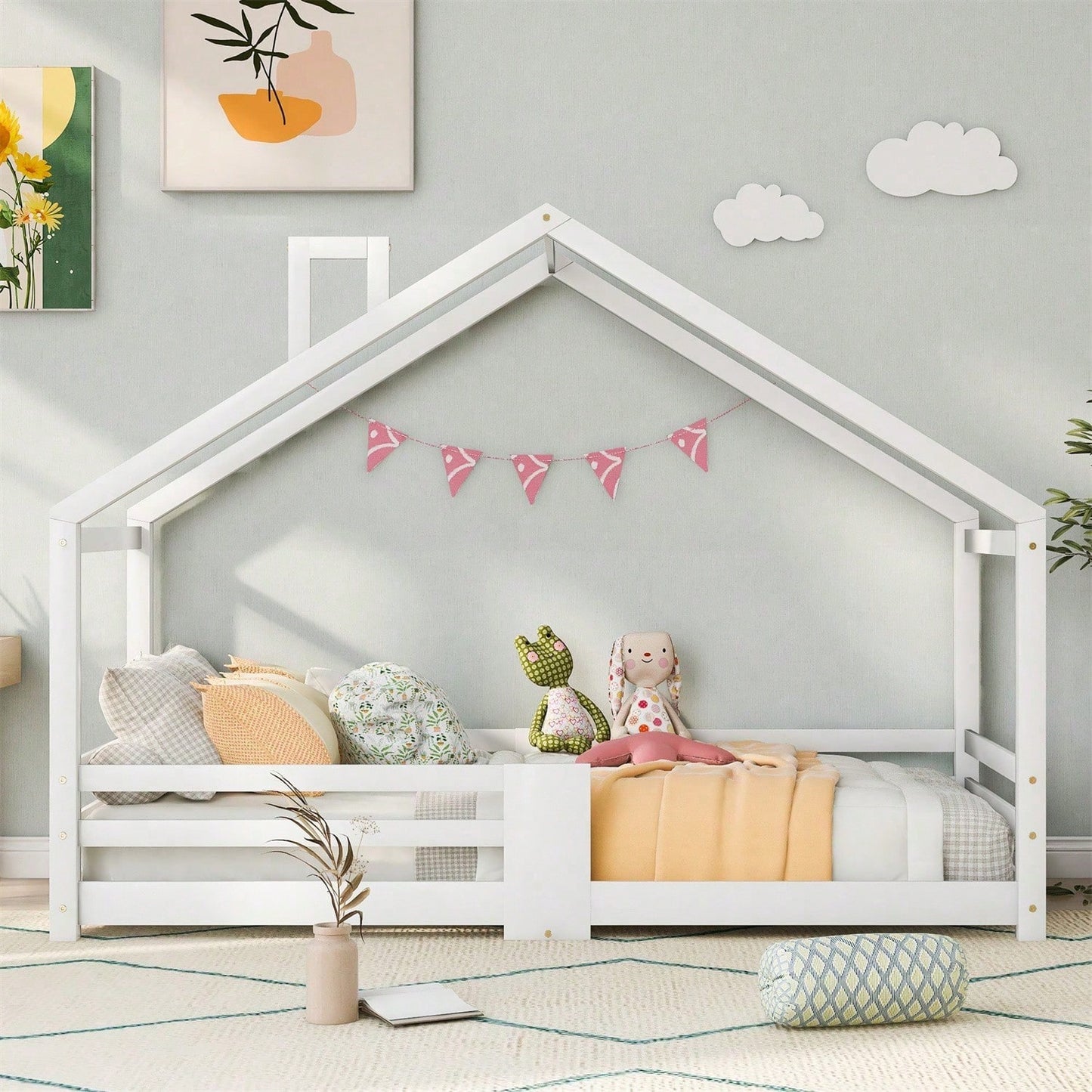 Kinderbett Hausbett mit Schornstein Rausfallschutz Robuste Lattenroste Kiefernholz Haus Bett for Kids, 90 x 200 cm ohne Matratze, Grau