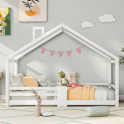 Kinderbett Hausbett mit Schornstein Rausfallschutz Robuste Lattenroste Kiefernholz Haus Bett for Kids, 90 x 200 cm ohne Matratze, Grau