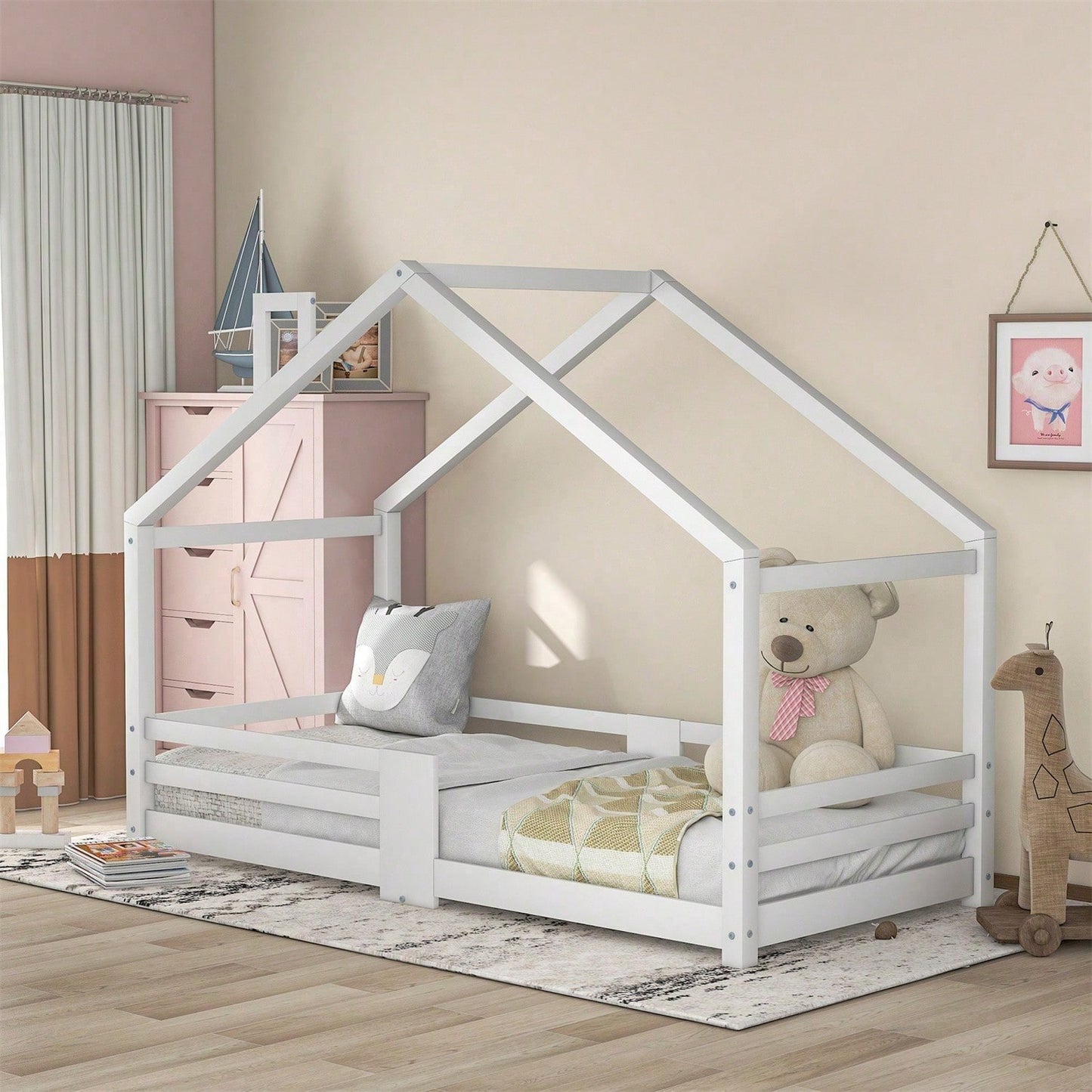 Kinderbett Hausbett mit Schornstein Rausfallschutz Robuste Lattenroste Kiefernholz Haus Bett for Kids, 90 x 200 cm ohne Matratze, Grau