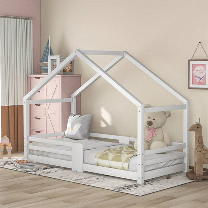 Kinderbett Hausbett mit Schornstein Rausfallschutz Robuste Lattenroste Kiefernholz Haus Bett for Kids, 90 x 200 cm ohne Matratze, Grau
