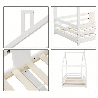 Kinderbett Hausbett mit Schornstein Rausfallschutz Robuste Lattenroste Kiefernholz Haus Bett for Kids, 90 x 200 cm ohne Matratze, Grau