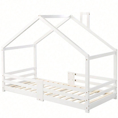 Kinderbett Hausbett mit Schornstein Rausfallschutz Robuste Lattenroste Kiefernholz Haus Bett for Kids, 90 x 200 cm ohne Matratze, Grau