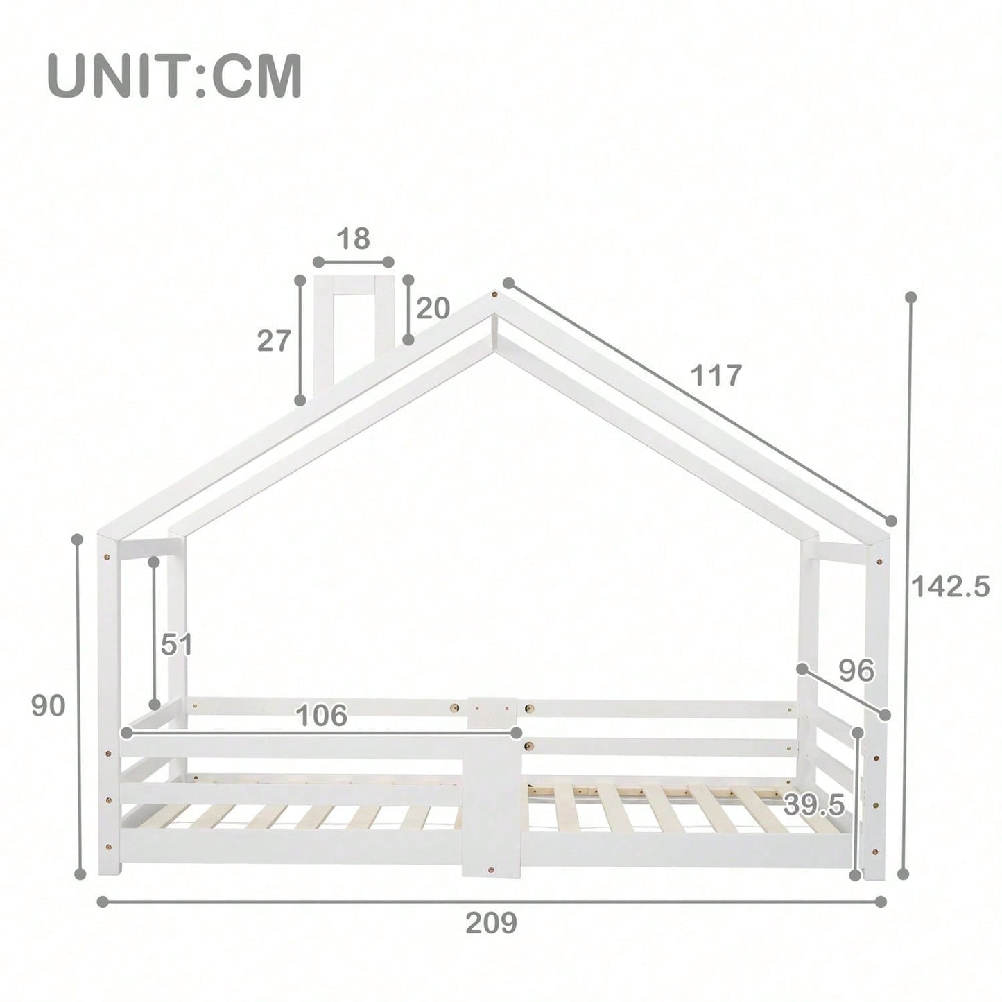Kinderbett Hausbett mit Schornstein Rausfallschutz Robuste Lattenroste Kiefernholz Haus Bett for Kids, 90 x 200 cm ohne Matratze, Grau