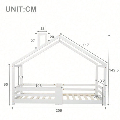 Kinderbett Hausbett mit Schornstein Rausfallschutz Robuste Lattenroste Kiefernholz Haus Bett for Kids, 90 x 200 cm ohne Matratze, Grau