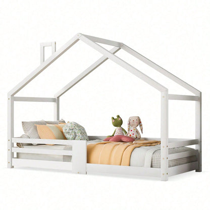 Kinderbett Hausbett mit Schornstein Rausfallschutz Robuste Lattenroste Kiefernholz Haus Bett for Kids, 90 x 200 cm ohne Matratze, Grau