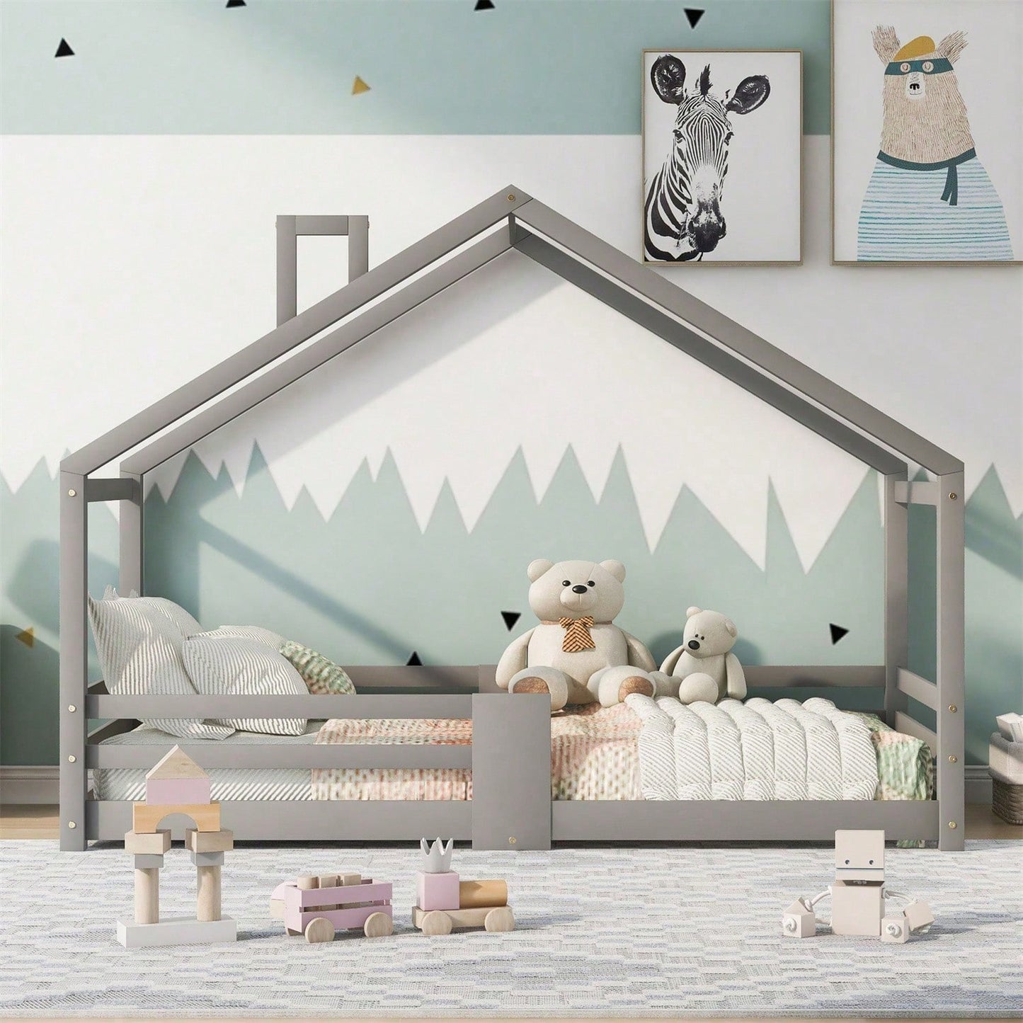 Kinderbett Hausbett mit Schornstein Rausfallschutz Robuste Lattenroste Kiefernholz Haus Bett for Kids, 90 x 200 cm ohne Matratze, Grau