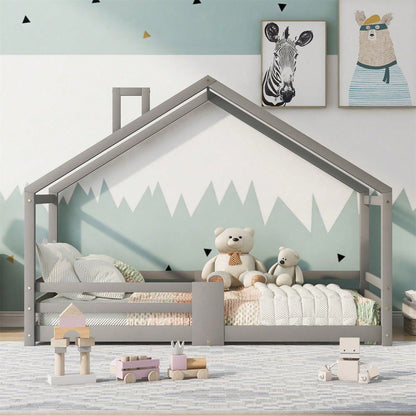 Kinderbett Hausbett mit Schornstein Rausfallschutz Robuste Lattenroste Kiefernholz Haus Bett for Kids, 90 x 200 cm ohne Matratze, Grau