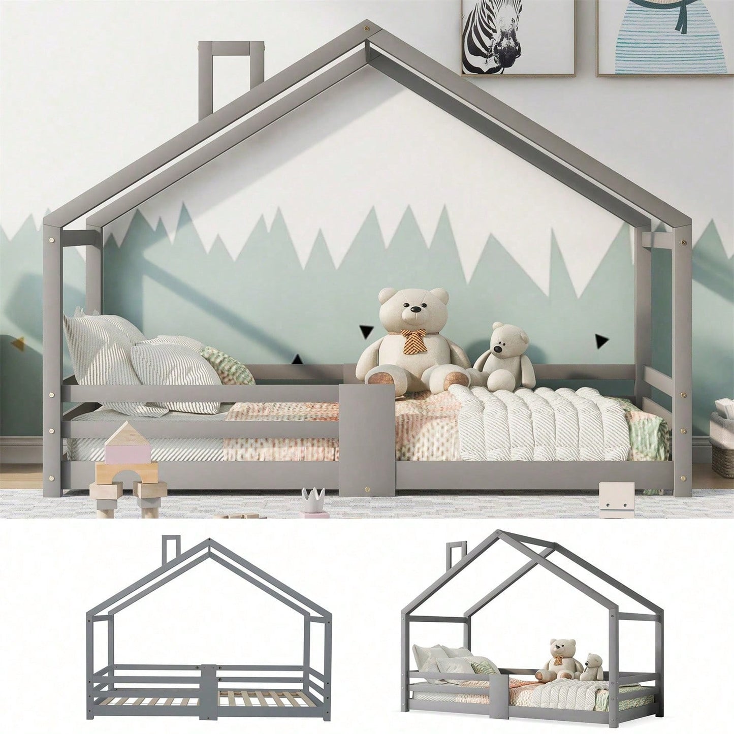 Kinderbett Hausbett mit Schornstein Rausfallschutz Robuste Lattenroste Kiefernholz Haus Bett for Kids, 90 x 200 cm ohne Matratze, Grau